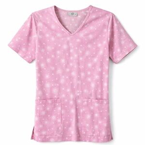 Women B Scrubs Scrub Top Size X-Small Soft Pink Stars with Sparkle Tie Back